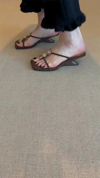 Design Square-Toe Embellished Mule Sandals Brown - 12
