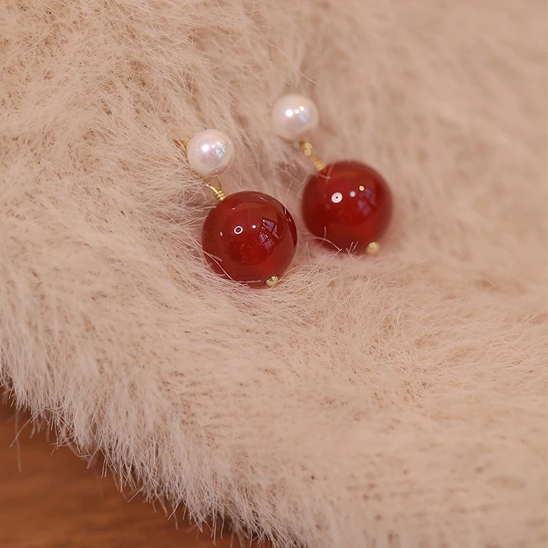 Red Agate Pearl Drop Earrings Red Bohemian