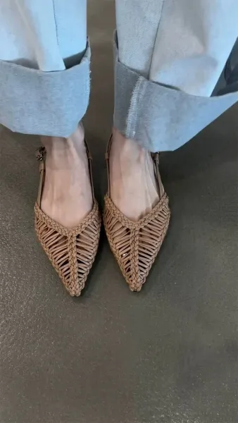 Bottega Veneta Woven Leather Slingback Flats Beige Leather Shoes - 6