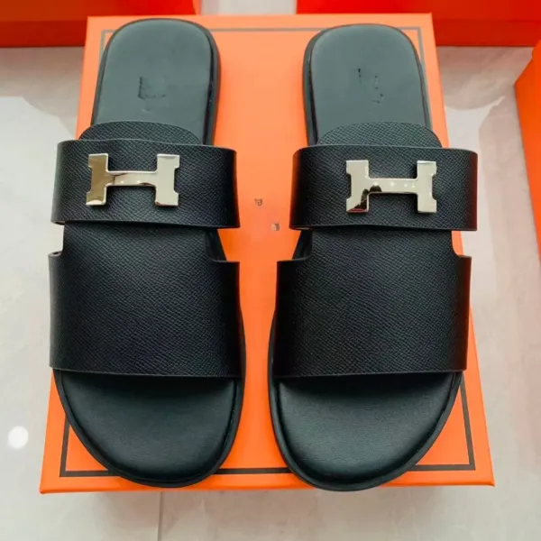 Hermès Oran Slide Sandals Black Epsom Leather with Palladium Hardware Slippers - 9