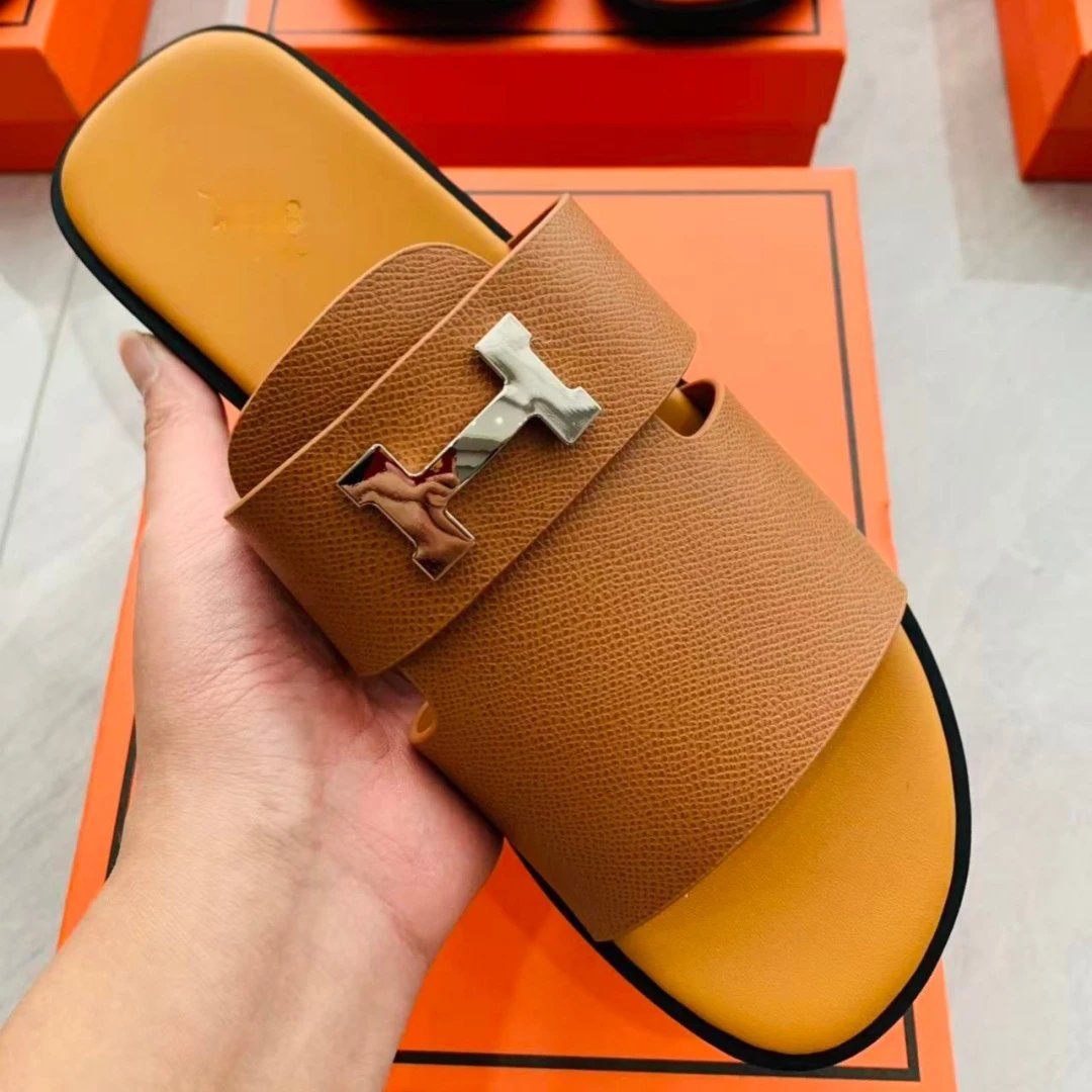 Hermès Oran Slide Sandals Black Epsom Leather with Palladium Hardware Slippers - 11