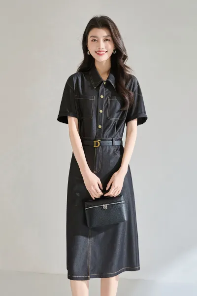 Design Denim Shirt Dress with Contrast Stitching and Belt Black Dress - 8