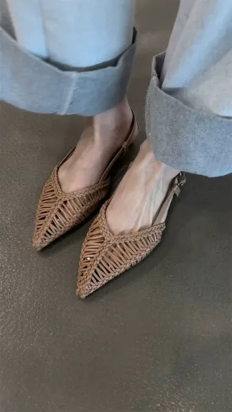 Bottega Veneta Woven Leather Slingback Flats Beige Leather Shoes - 9