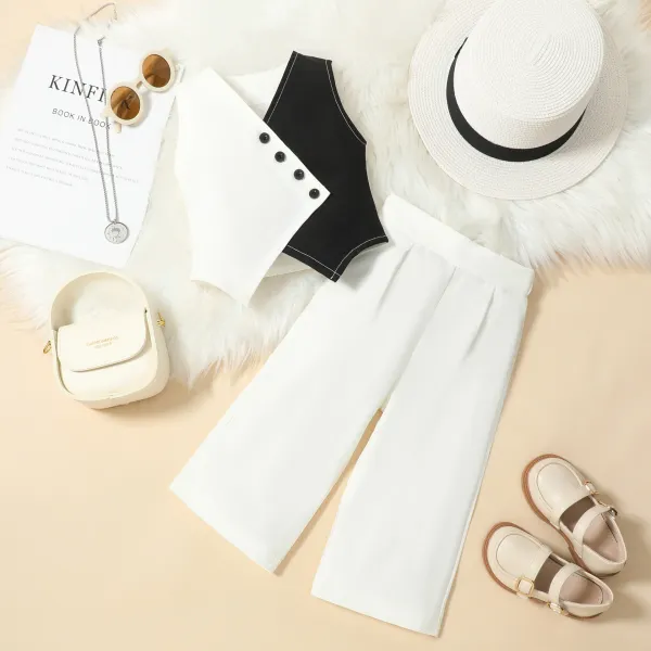 Design Two-Tone Button-Trim Top and Wide-Leg Pants Set White / Black - 5
