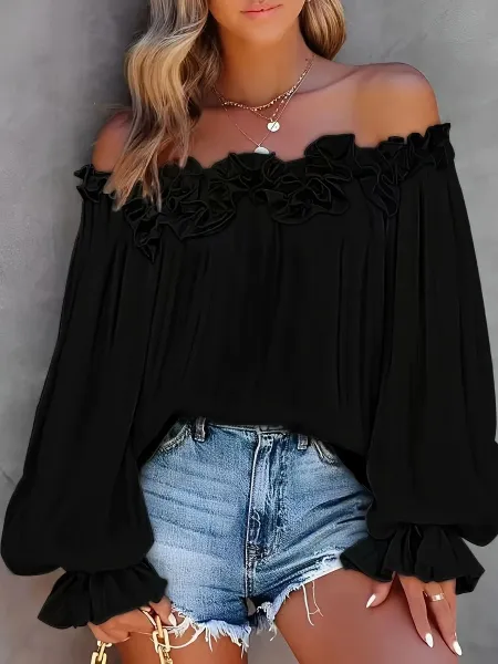 Design Ruffled Off-Shoulder Blouse in Sky Blue Tops - 15