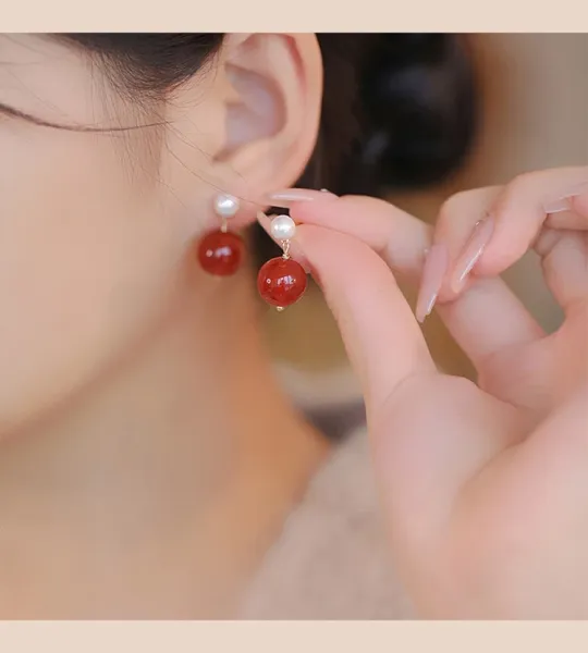 Design Pearl and Red Agate Drop Earrings - 9