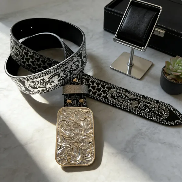 Design Ornate Silver-Embossed Black Leather Belt with Floral Filigree Buckle Belts - 3