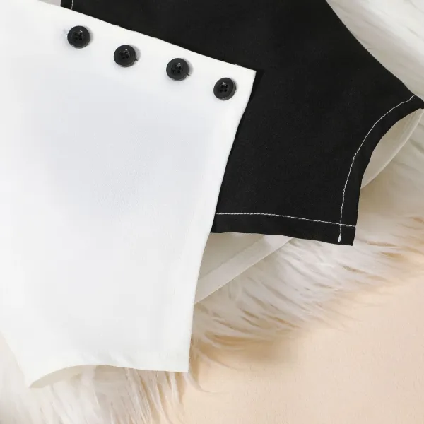 Design Two-Tone Button-Trim Top and Wide-Leg Pants Set White / Black - 10