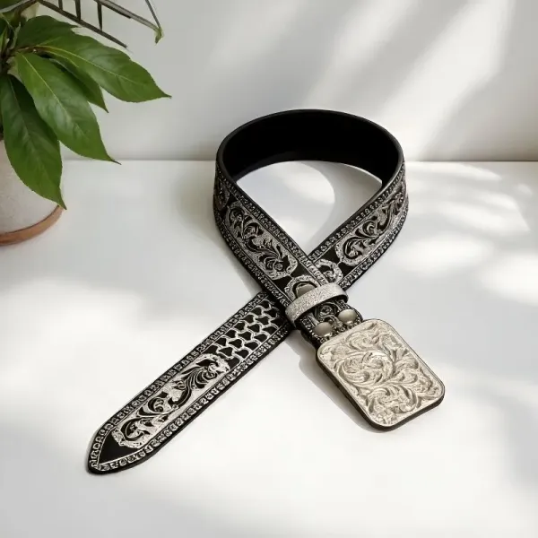 Design Ornate Silver-Embossed Black Leather Belt with Floral Filigree Buckle Belts - 4