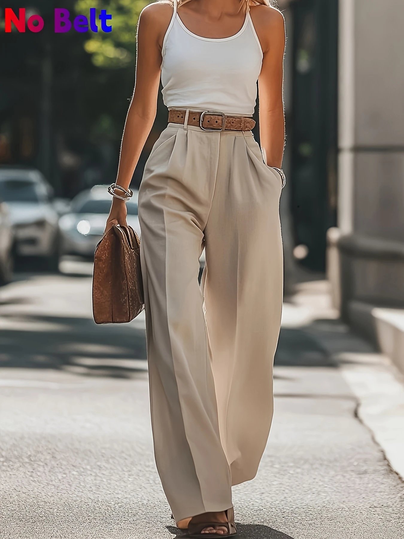 Design Wide-Leg Pleated Trousers Black with Brown Leather Belt Pants - 5