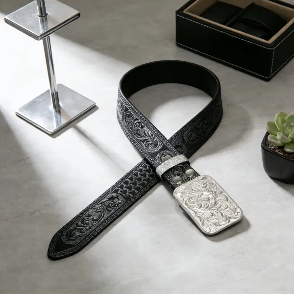 Design Ornate Silver-Embossed Black Leather Belt with Floral Filigree Buckle Belts - 6