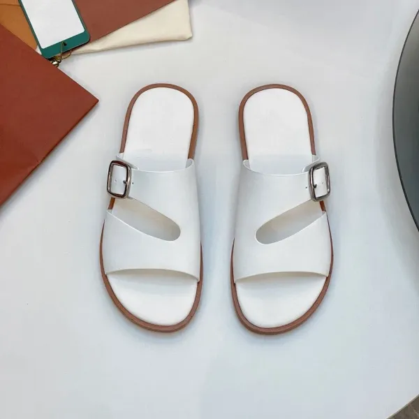 Design Slide Sandals White with Brown Sole and Silver Buckle Slippers - 1