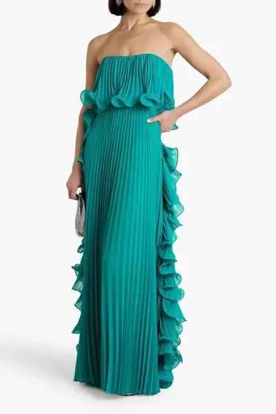 Issey Miyake Pleated Ruffle Strapless Gown Teal Formal Dress - 1
