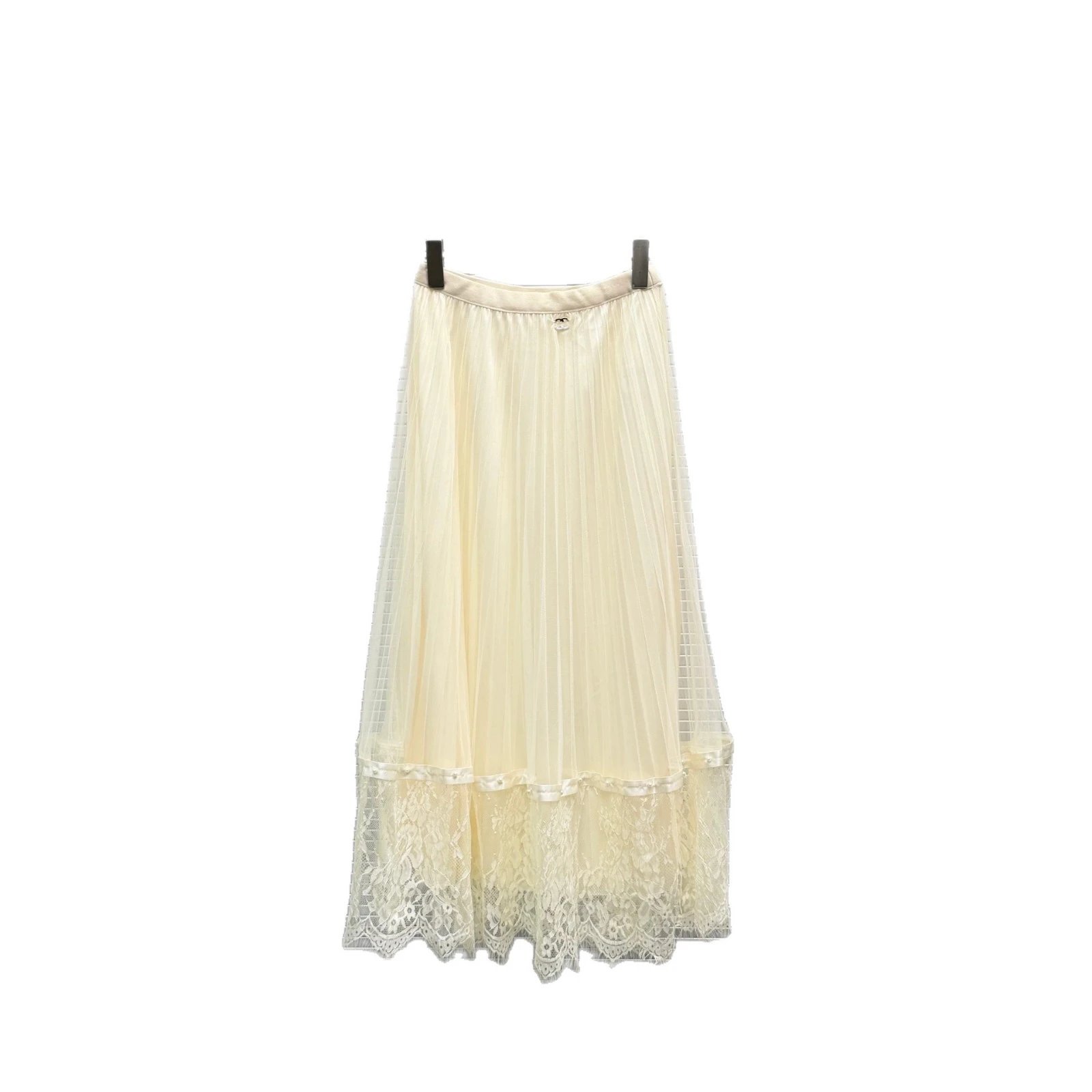 Chanel Pleated Tulle Lace Midi Skirt