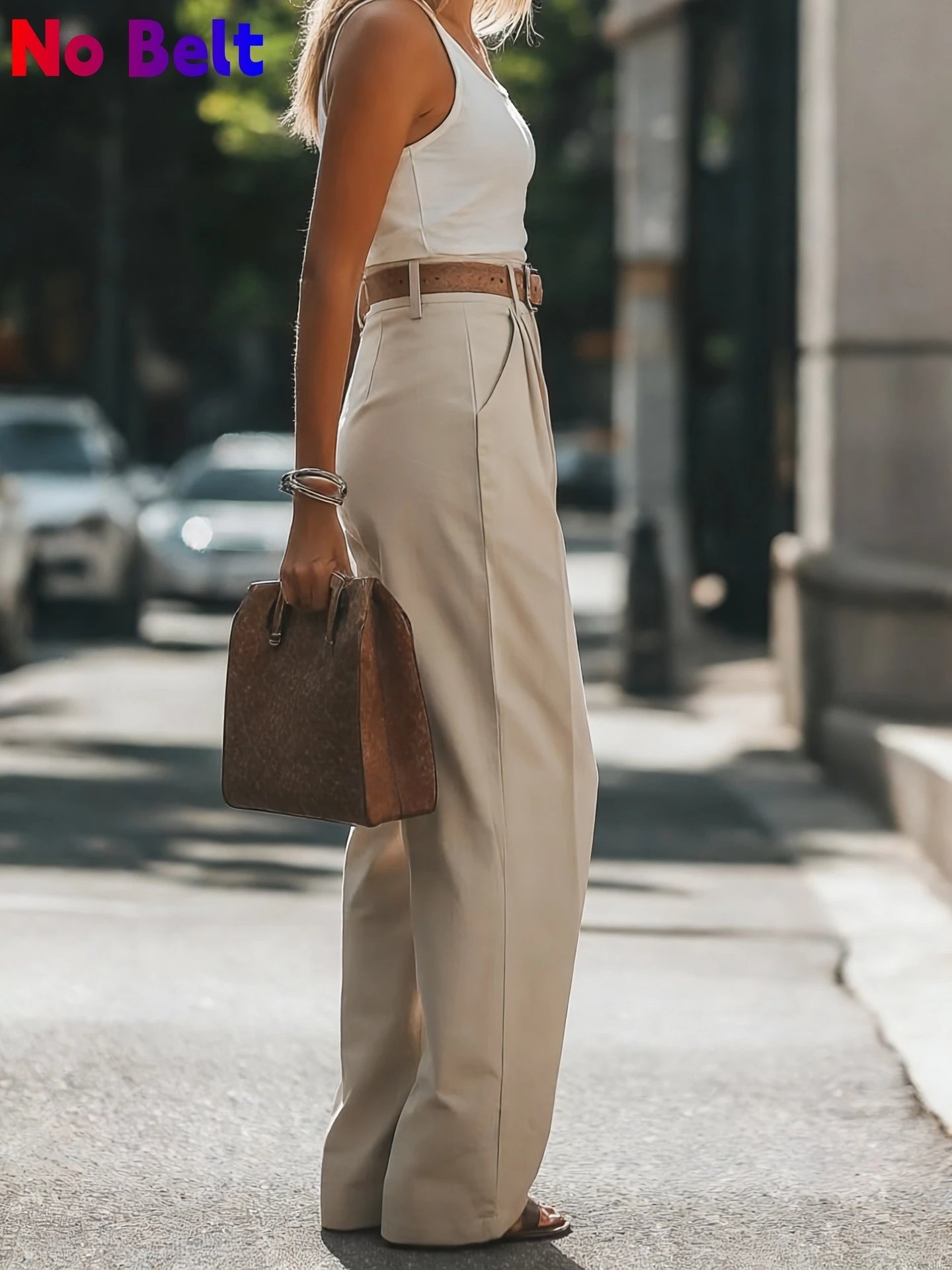 Design Wide-Leg Pleated Trousers Black with Brown Leather Belt Pants - 7
