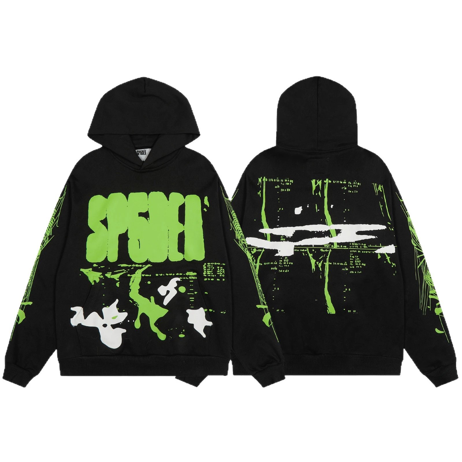 Black Hooded Sweatshirt And Jogger Pants Set Neon Green Graffiti Print Streetwear