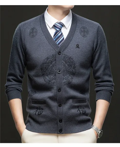 Design Embroidered Chinese Character Cardigan Burgundy Sweater Outerwear.cardigan - 18