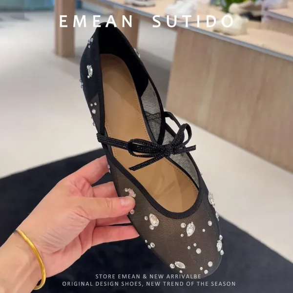 Design Crystal-Embellished Beige Mary Jane Flats Casual Shoes - 11