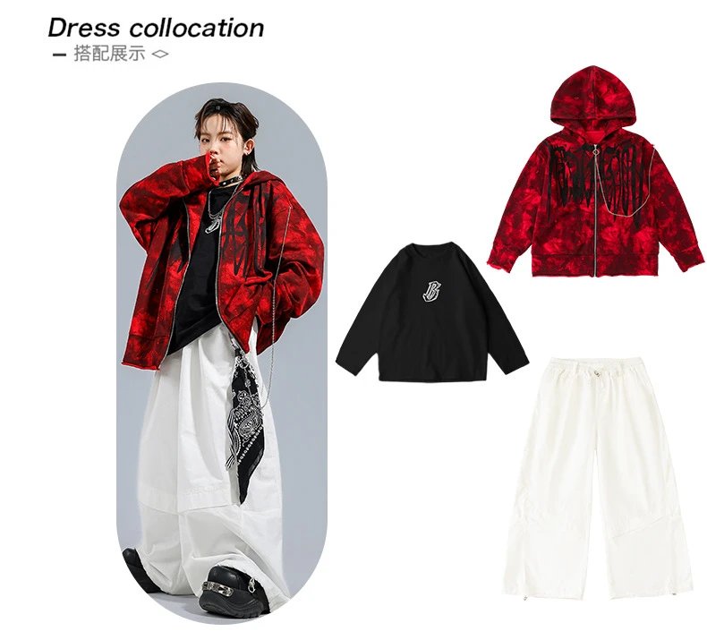 Design Red Tie-Dye Hooded Zip-Up Jacket Outerwear - 4