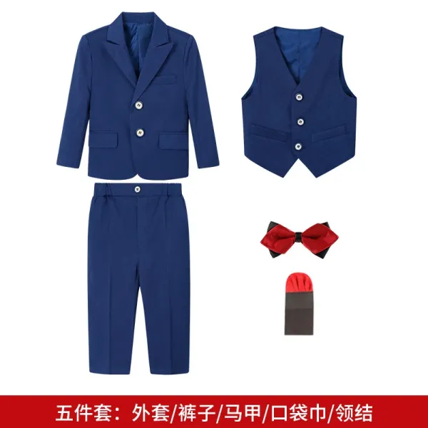 Design Boys Formal Five-Piece Suit Set Navy Blue with Red Bow Tie - 1