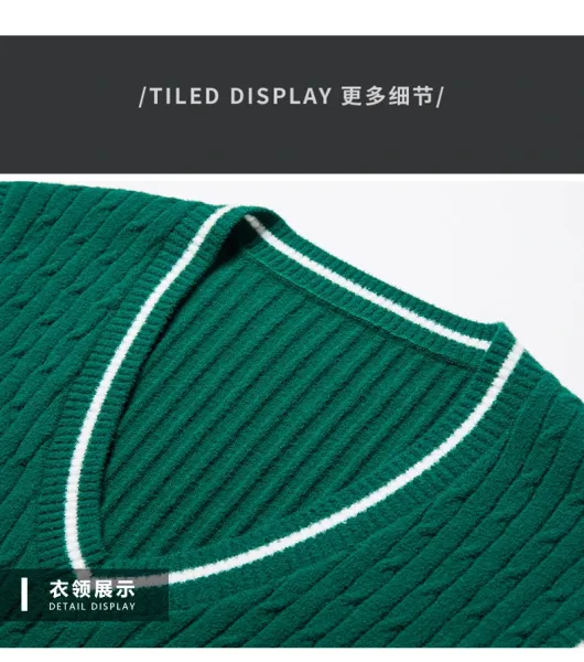 Design Cable Knit V-Neck Vest Green Vest Top - 18