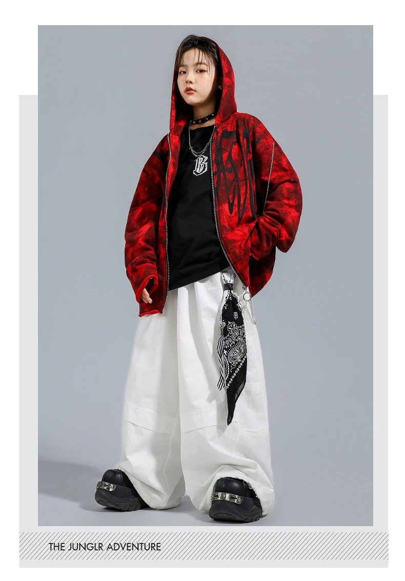 Design Red Tie-Dye Hooded Zip-Up Jacket Outerwear - 12