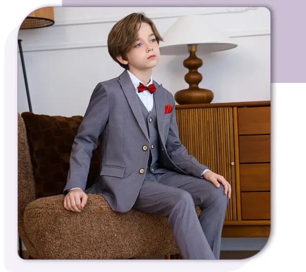 Design Six-Piece Formal Suit Set Gray with White Shirt and Red Bow Tie - 21