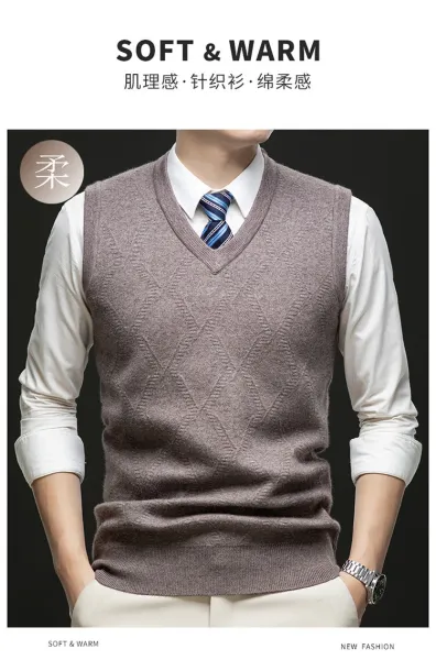 Design V-Neck Knit Vest Navy Blue Vest Top - 3