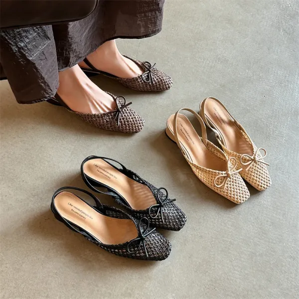 Design Woven Slingback Loafers with Bow Detail in Beige, Brown, and Black Loafers - 19