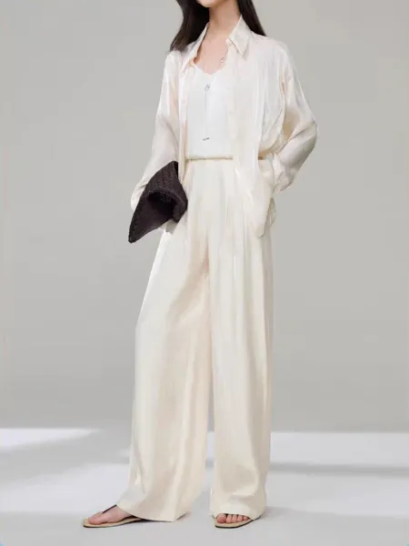 Design Wide-Leg Linen Blend Trousers Beige Pants - 9