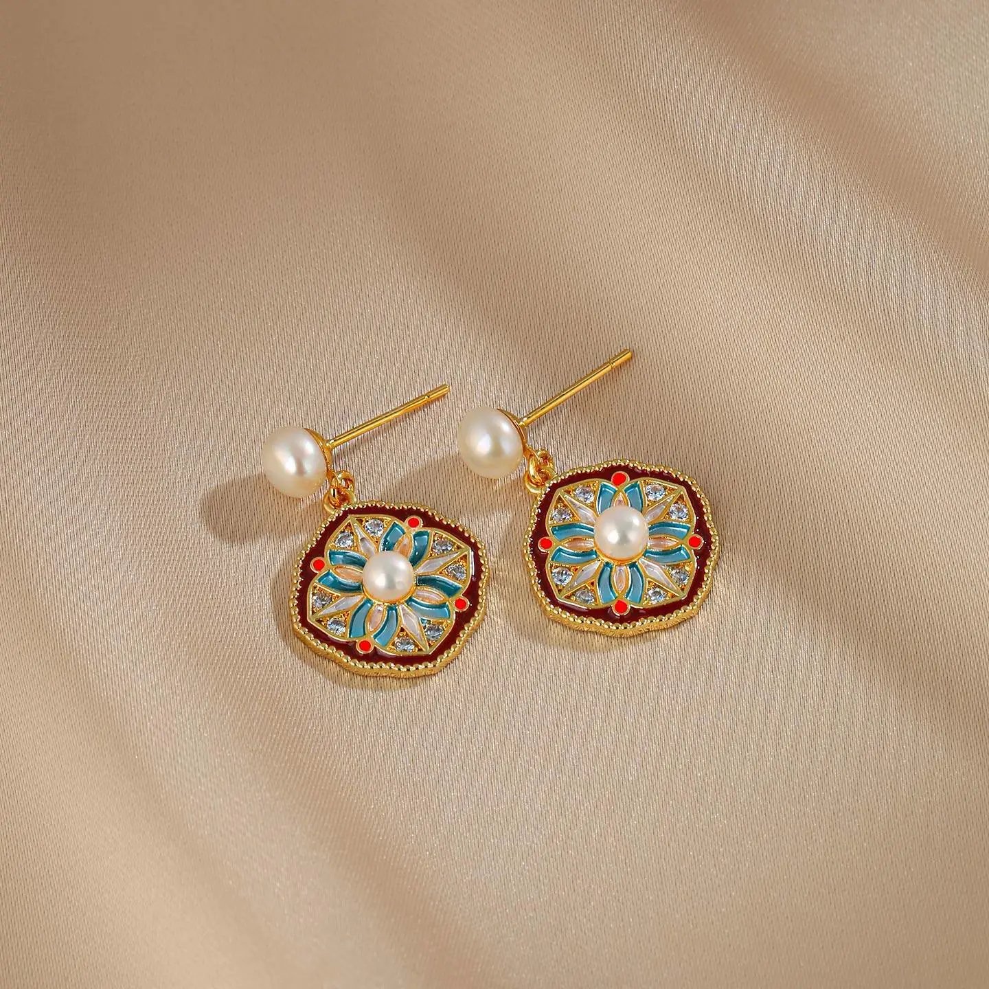 Gold Tone Enamel Red Blue Floral Pearl Drop Earrings