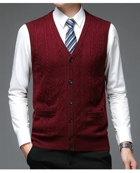 Design Cable Knit V-Neck Cardigan Vest Burgundy Outerwear - 17