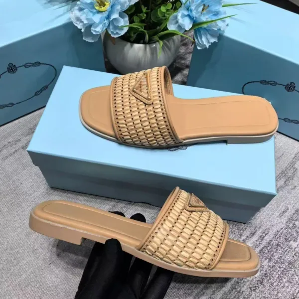 Prada Woven Slide Sandals Beige Slippers - 6