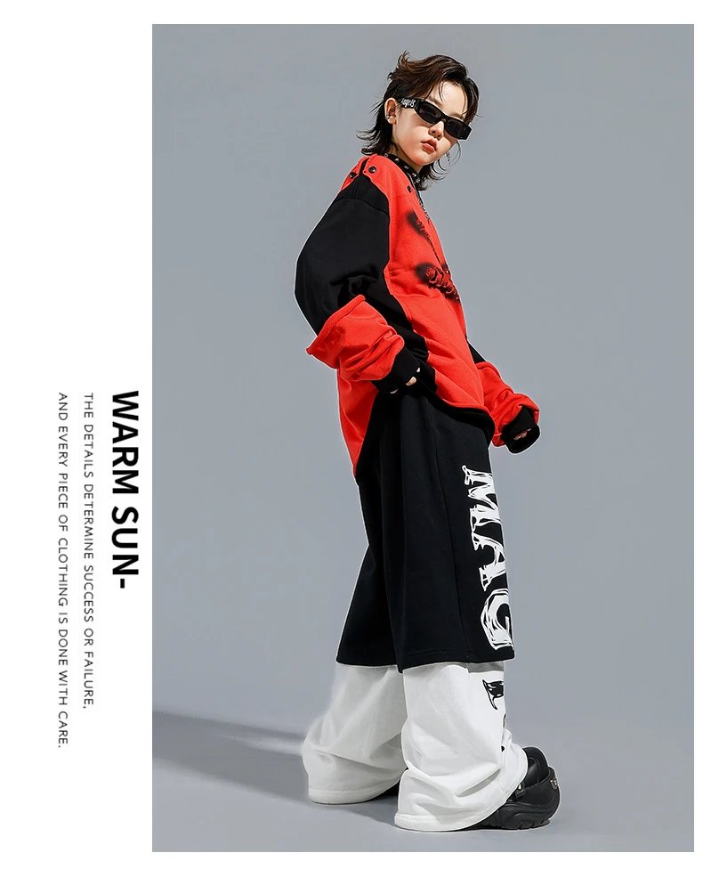 Design Distressed Mouth Print Color-Block Hoodie Red / Black - 11