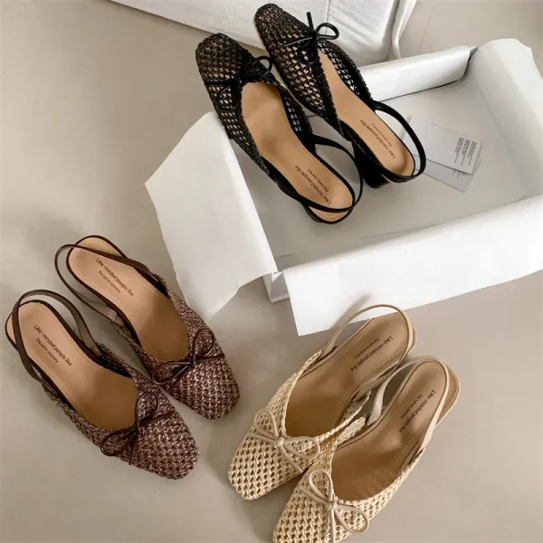 Design Woven Slingback Loafers with Bow Detail in Beige, Brown, and Black Loafers - 30