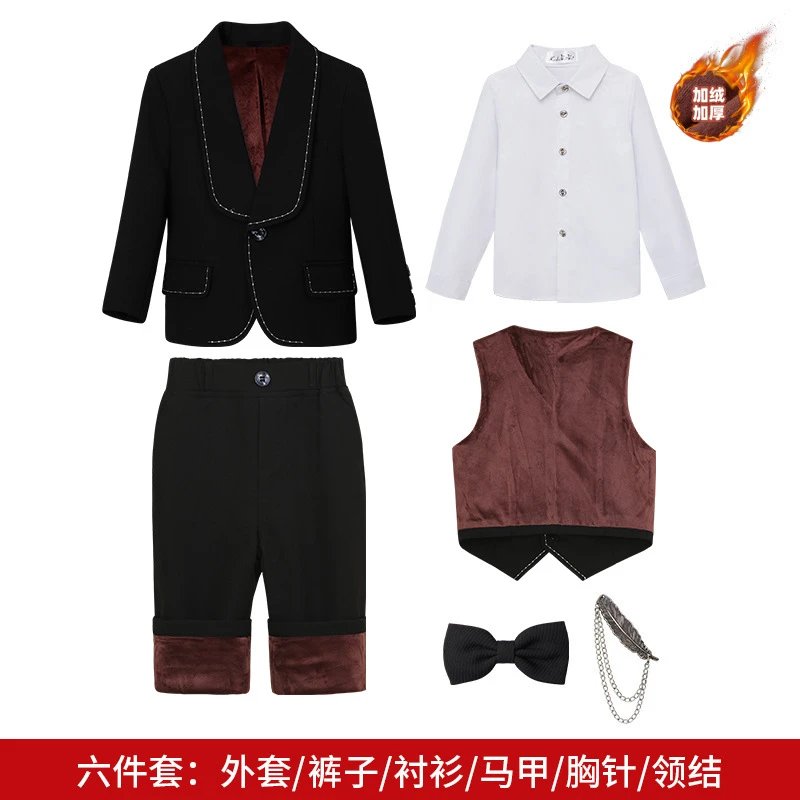 黑色加绒6件套（衬衫+外套+马甲+长裤+领结+胸针）