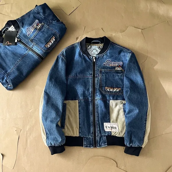 Evisu Denim Bomber Jacket with Osaka Japan Patch and Corduroy Panels Blue - 4