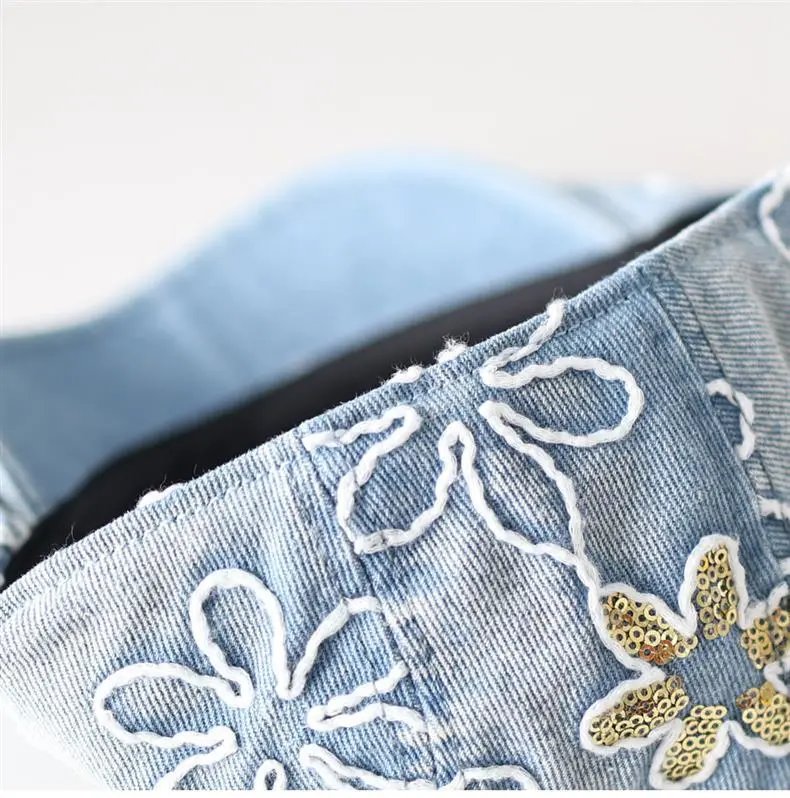 Design Floral Embroidered Denim Flat Cap Black Hats - 10