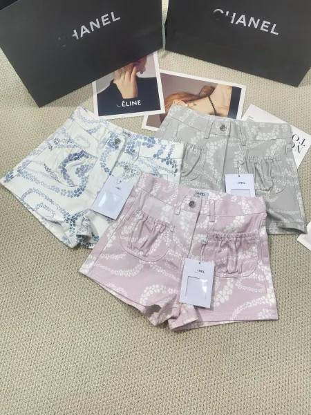 Chanel Printed Denim Shorts in Beige, Blue, and Pink - 3