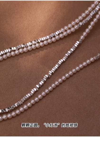 Design Crushed Silver Necklace with Pearl Beads Jewelry - 14