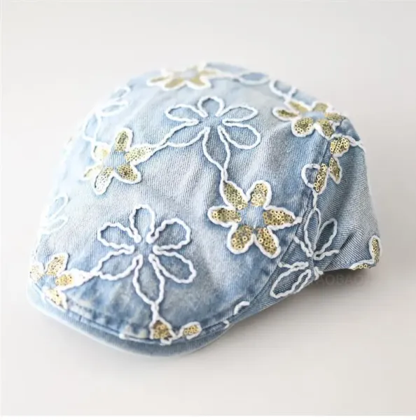 Design Floral Embroidered Denim Flat Cap Black Hats - 12