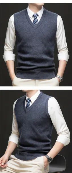 Design V-Neck Knit Vest Navy Blue Vest Top - 31