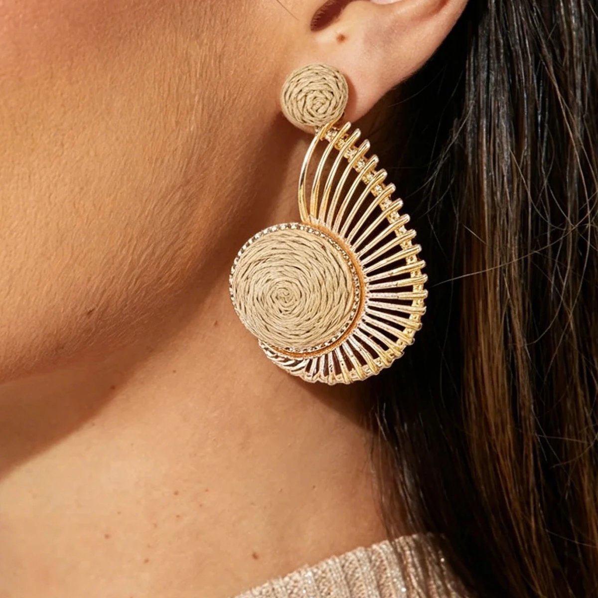 Handcrafted Green Thread Woven Gold Fan Earrings