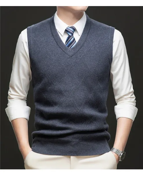 Design V-Neck Knit Vest Navy Blue Vest Top - 45