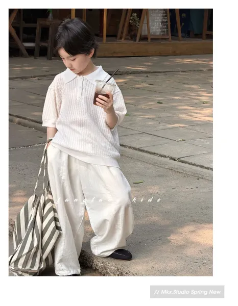 Design MKX Studio Knit Polo Shirt and Wide-Leg Pants Set in Off-White Sets - 14