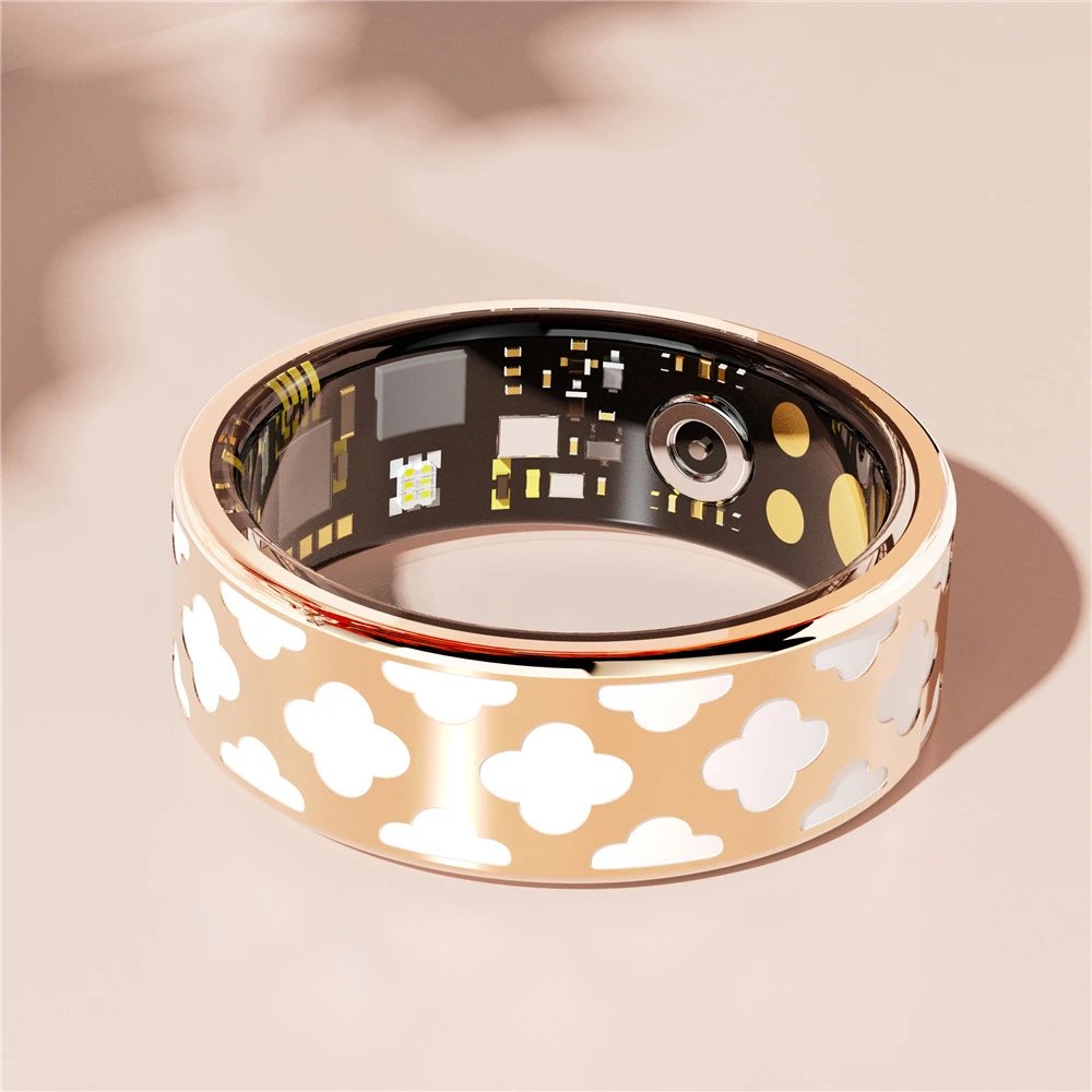 Smart Ring Rose Gold White Cloud Pattern Tech Wearable