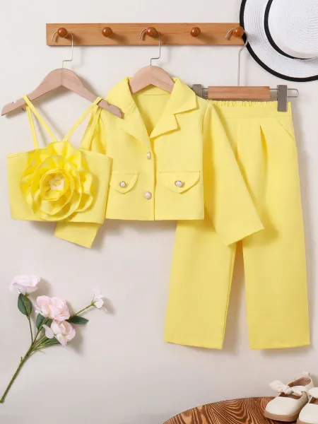 Design Yellow Floral Top & Blazer Set with Wide-Leg Pants - 3