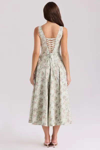 Design Floral Corset Midi Dress Beige Pink - 27