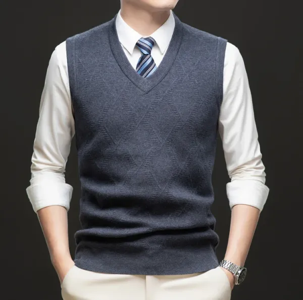 Design V-Neck Knit Vest Navy Blue Vest Top - 61