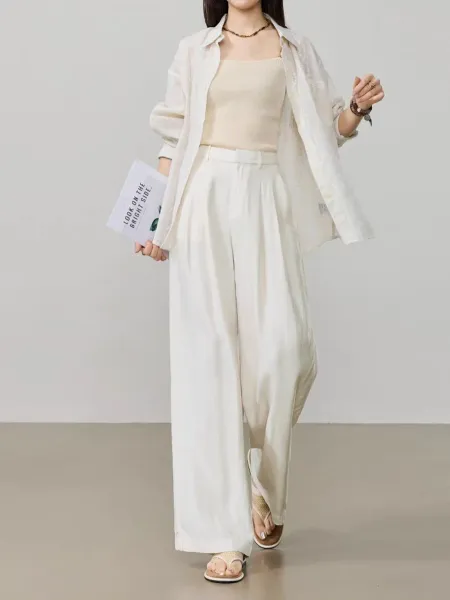 Design Wide-Leg Linen Blend Trousers Beige Pants - 13